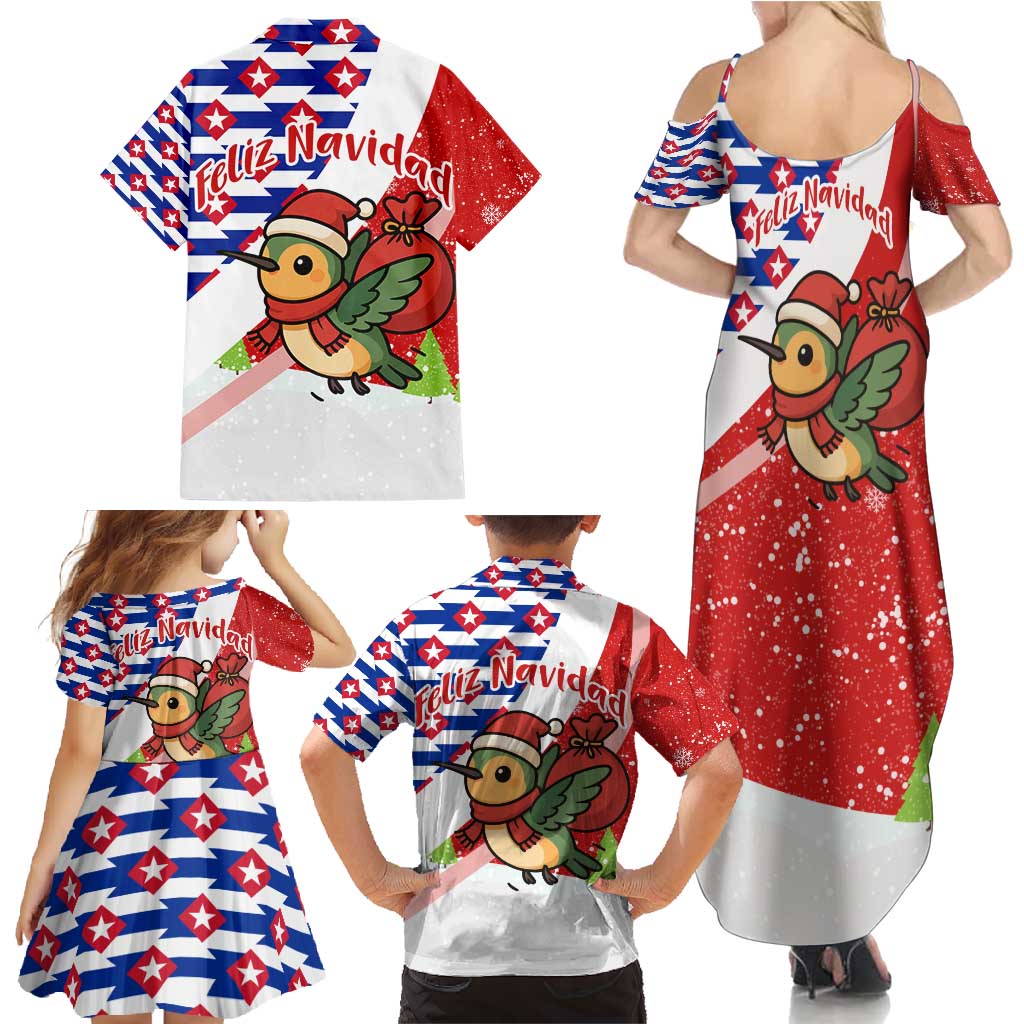 Cuba Christmas Family Matching Summer Maxi Dress and Hawaiian Shirt with Santa Hummingbird Cuban Flag Feliz Navidad and Snowflake - Wonder Print Shop