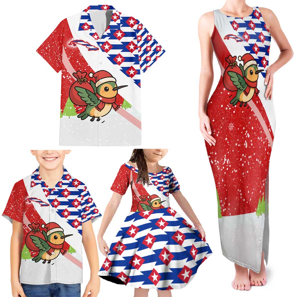 Cuba Christmas Family Matching Tank Maxi Dress and Hawaiian Shirt with Santa Hummingbird Cuban Flag Feliz Navidad and Snowflake - Wonder Print Shop