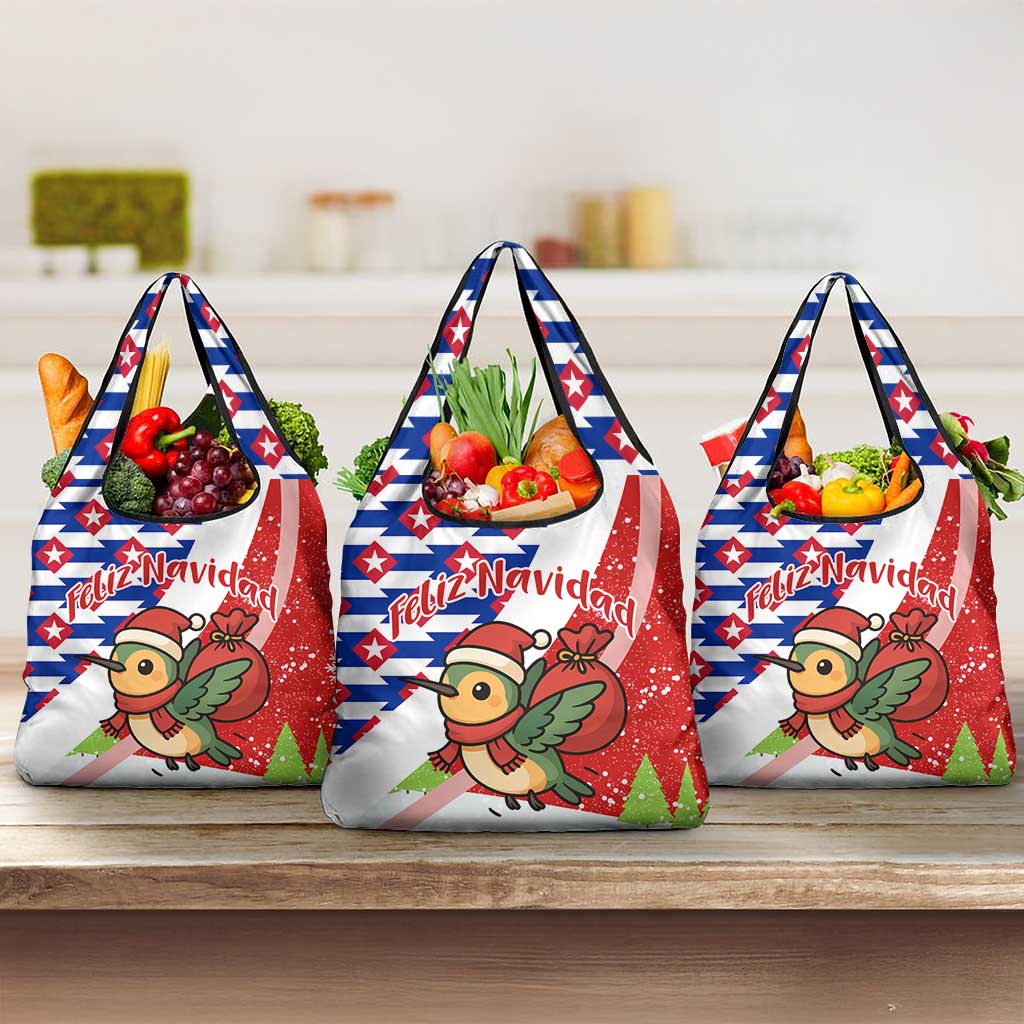 Cuba Christmas Grocery Bag with Santa Hummingbird Cuban Flag Feliz Navidad and Snowflake - Wonder Print Shop