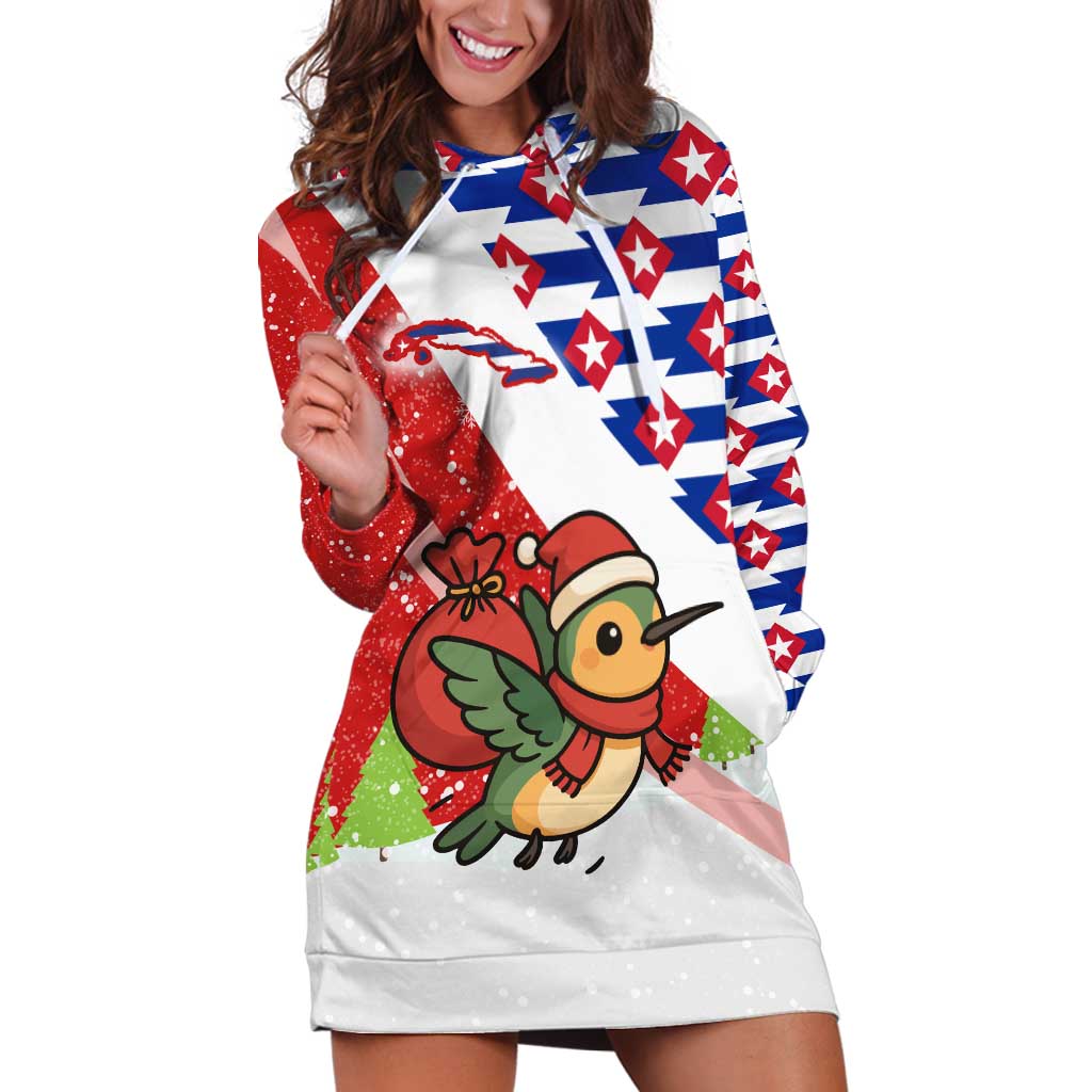 Cuba Christmas Hoodie Dress with Santa Hummingbird Cuban Flag Feliz Navidad and Snowflake - Wonder Print Shop
