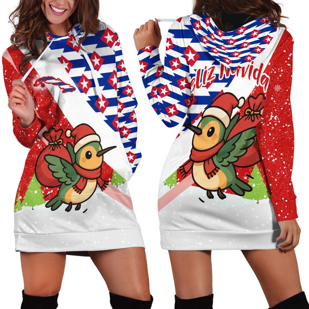 Cuba Christmas Hoodie Dress with Santa Hummingbird Cuban Flag Feliz Navidad and Snowflake - Wonder Print Shop