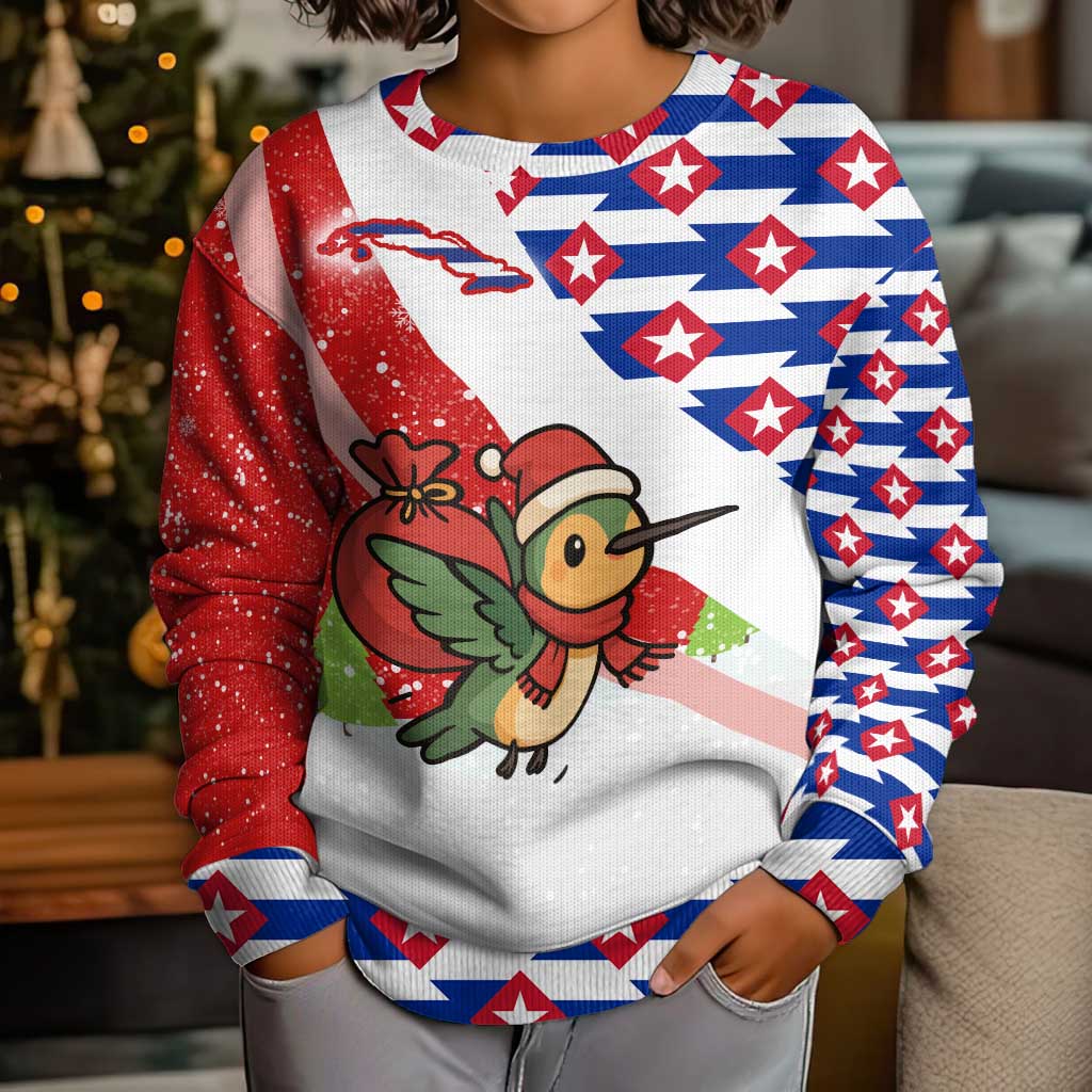 Cuba Christmas Kid Ugly Christmas Sweater with Santa Hummingbird Cuban Flag Feliz Navidad and Snowflake - Wonder Print Shop