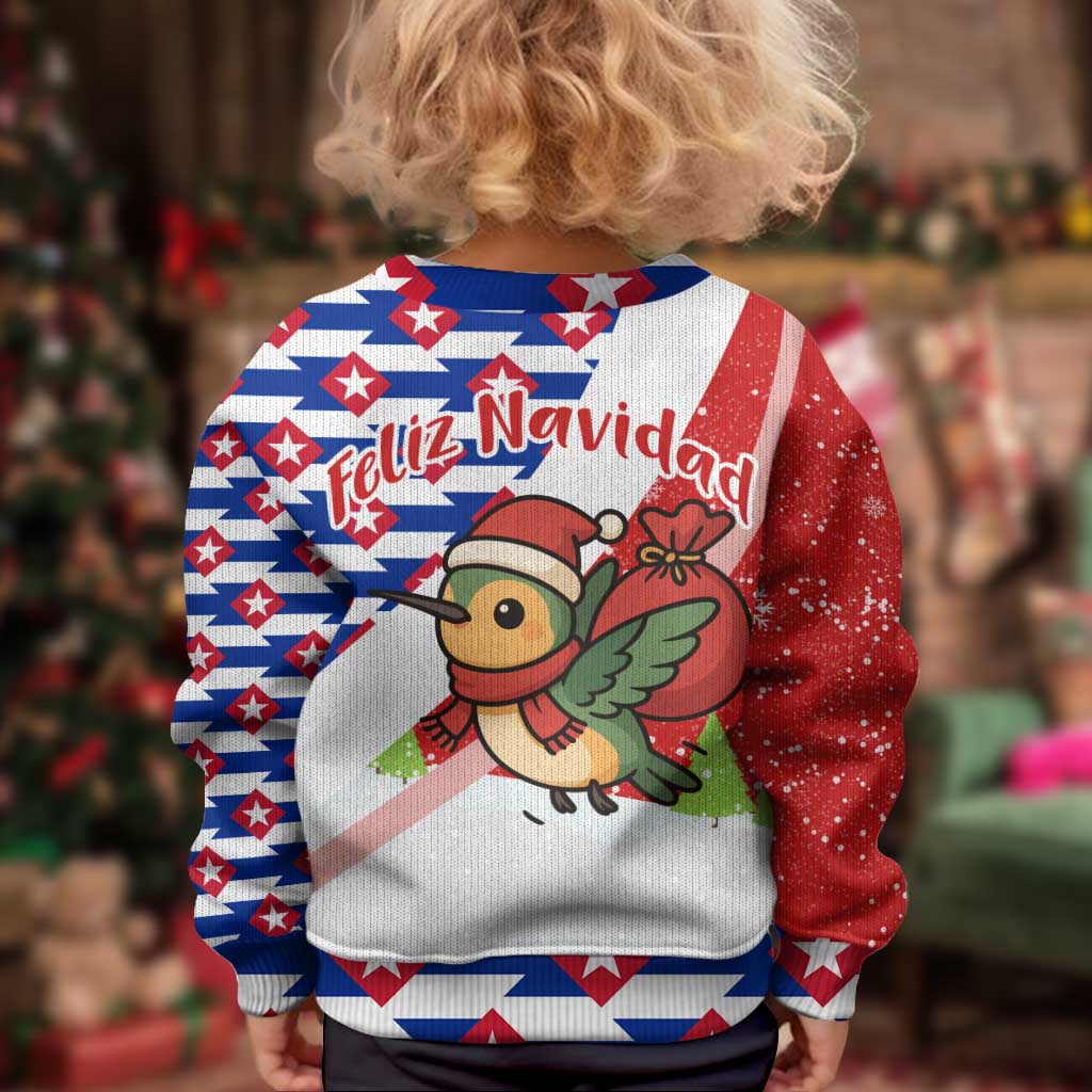 Cuba Christmas Kid Ugly Christmas Sweater with Santa Hummingbird Cuban Flag Feliz Navidad and Snowflake - Wonder Print Shop