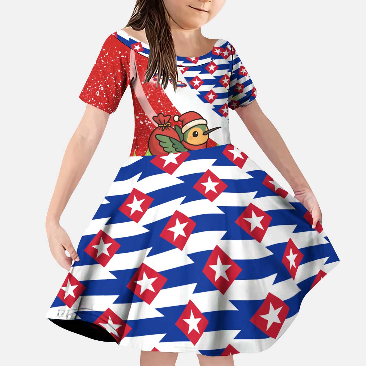 Cuba Christmas Kid Short Sleeve Dress with Santa Hummingbird Cuban Flag Feliz Navidad and Snowflake - Wonder Print Shop