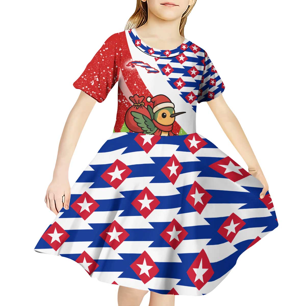Cuba Christmas Kid Short Sleeve Dress with Santa Hummingbird Cuban Flag Feliz Navidad and Snowflake - Wonder Print Shop