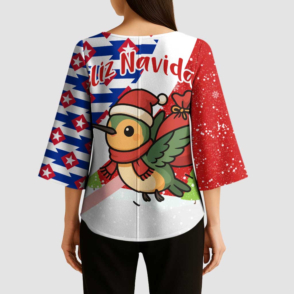 Cuba Christmas Kimono Sleeve Blouse with Santa Hummingbird Cuban Flag Feliz Navidad and Snowflake - Wonder Print Shop