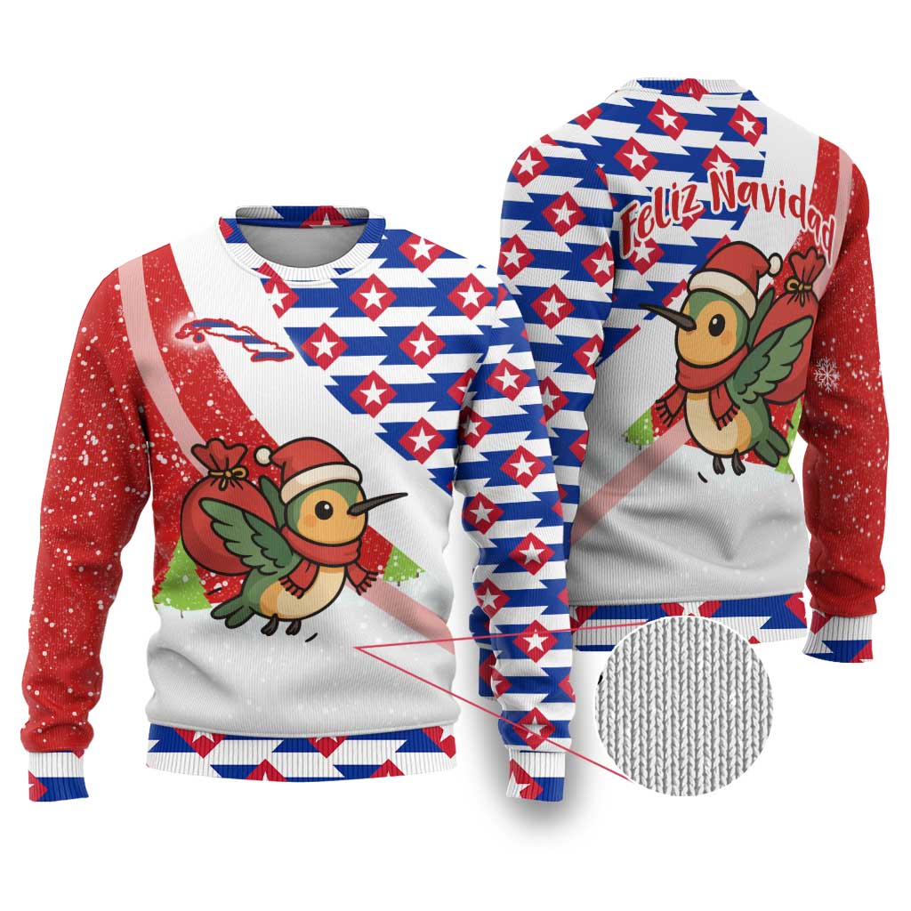 Cuba Christmas Ugly Christmas Sweater with Santa Hummingbird Cuban Flag Feliz Navidad and Snowflake - Wonder Print Shop