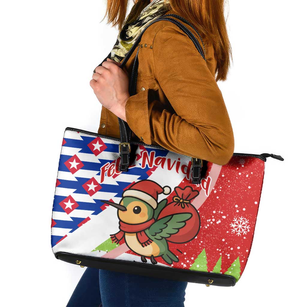 Cuba Christmas Leather Tote Bag with Santa Hummingbird Cuban Flag Feliz Navidad and Snowflake - Wonder Print Shop
