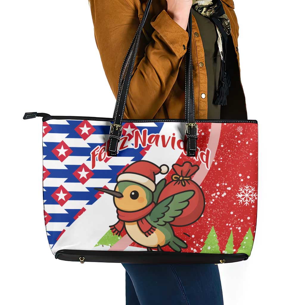 Cuba Christmas Leather Tote Bag with Santa Hummingbird Cuban Flag Feliz Navidad and Snowflake - Wonder Print Shop