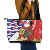 Cuba Christmas Leather Tote Bag with Santa Hummingbird Cuban Flag Feliz Navidad and Snowflake - Wonder Print Shop