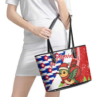 Cuba Christmas Leather Tote Bag with Santa Hummingbird Cuban Flag Feliz Navidad and Snowflake - Wonder Print Shop
