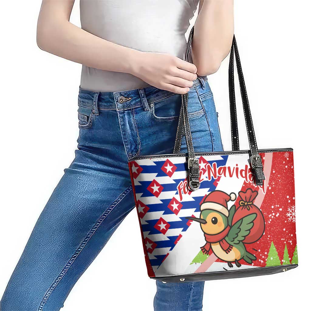 Cuba Christmas Leather Tote Bag with Santa Hummingbird Cuban Flag Feliz Navidad and Snowflake - Wonder Print Shop