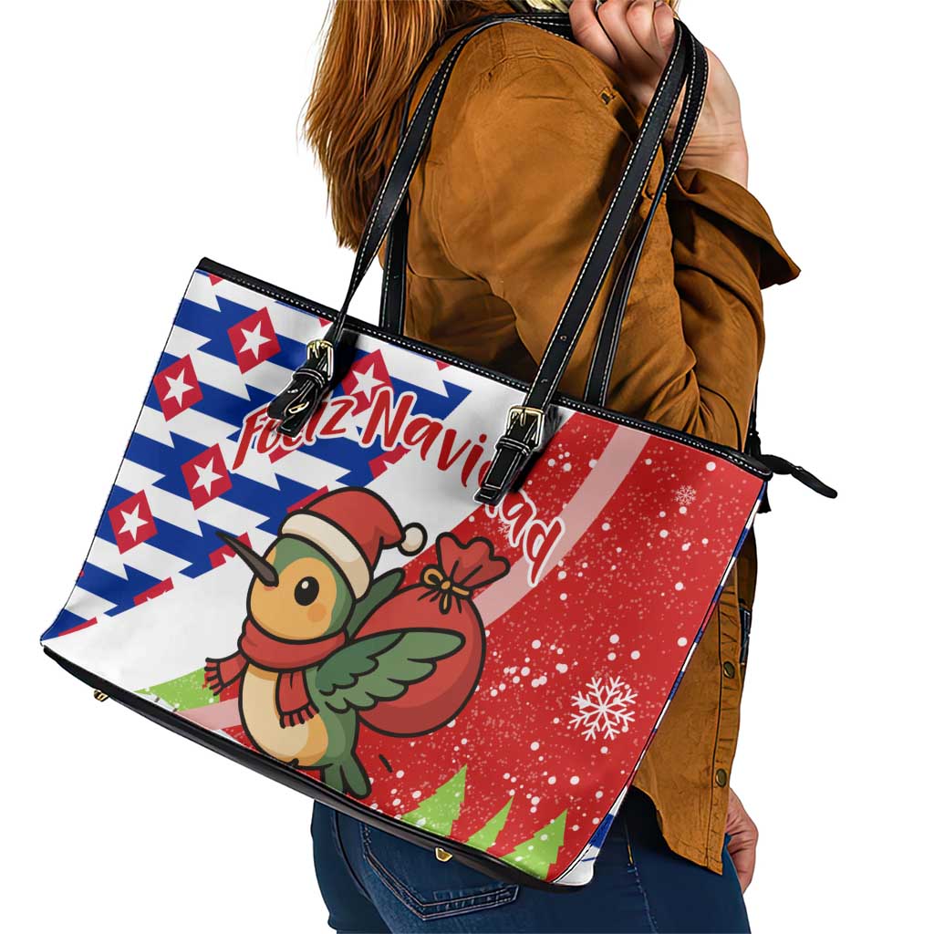 Cuba Christmas Leather Tote Bag with Santa Hummingbird Cuban Flag Feliz Navidad and Snowflake - Wonder Print Shop