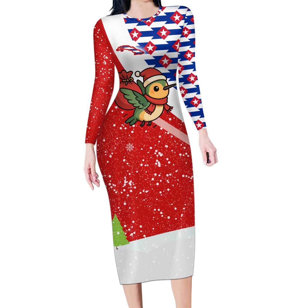 Cuba Christmas Long Sleeve Bodycon Dress with Santa Hummingbird Cuban Flag Feliz Navidad and Snowflake - Wonder Print Shop