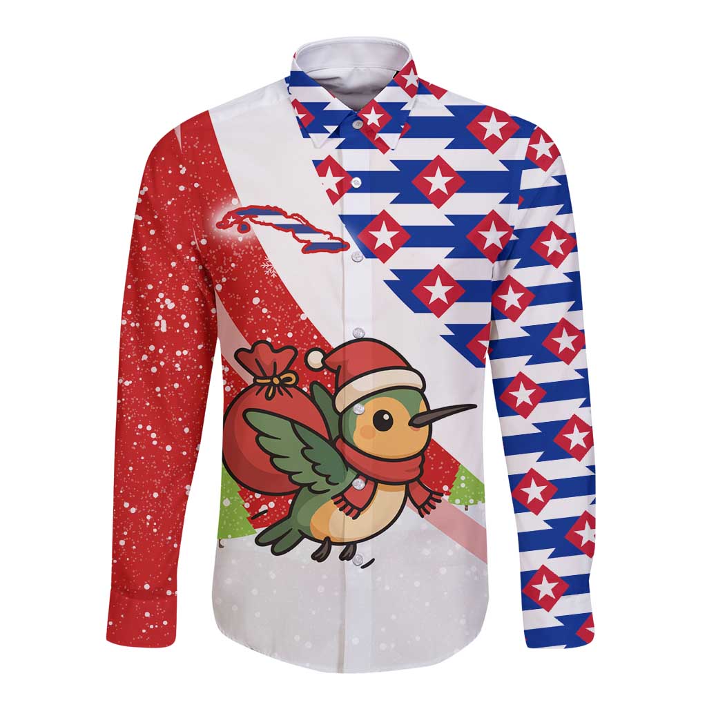 Cuba Christmas Long Sleeve Button Shirt with Santa Hummingbird Cuban Flag Feliz Navidad and Snowflake - Wonder Print Shop