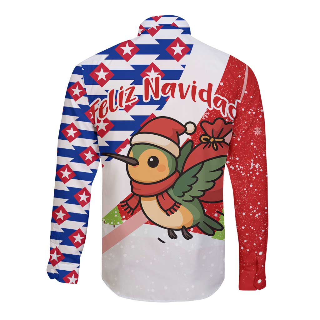Cuba Christmas Long Sleeve Button Shirt with Santa Hummingbird Cuban Flag Feliz Navidad and Snowflake - Wonder Print Shop