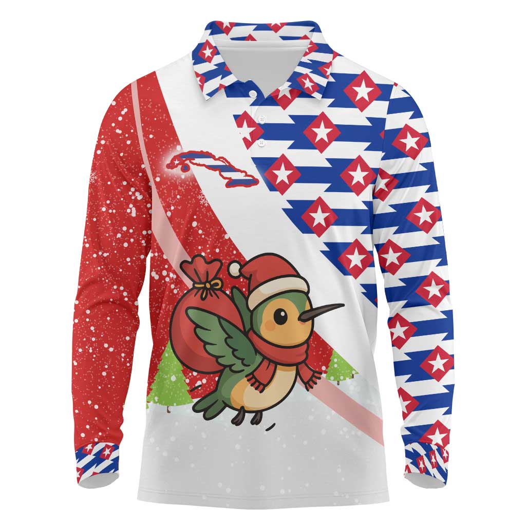 Cuba Christmas Long Sleeve Polo Shirt with Santa Hummingbird Cuban Flag Feliz Navidad and Snowflake - Wonder Print Shop