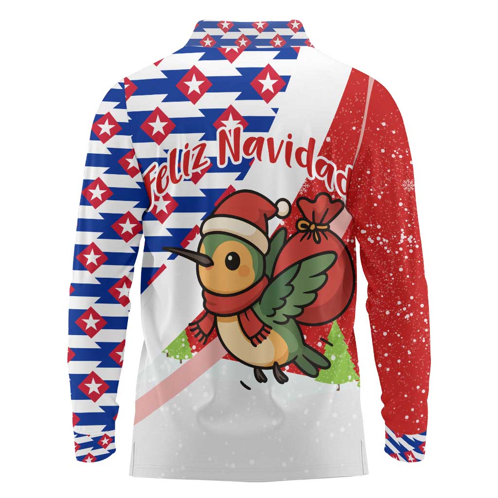 Cuba Christmas Long Sleeve Polo Shirt with Santa Hummingbird Cuban Flag Feliz Navidad and Snowflake - Wonder Print Shop