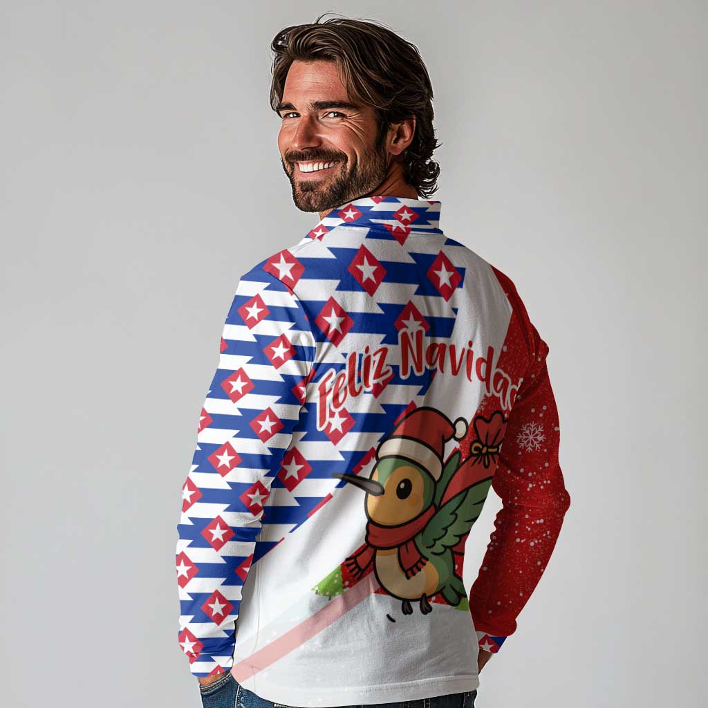 Cuba Christmas Long Sleeve Polo Shirt with Santa Hummingbird Cuban Flag Feliz Navidad and Snowflake - Wonder Print Shop