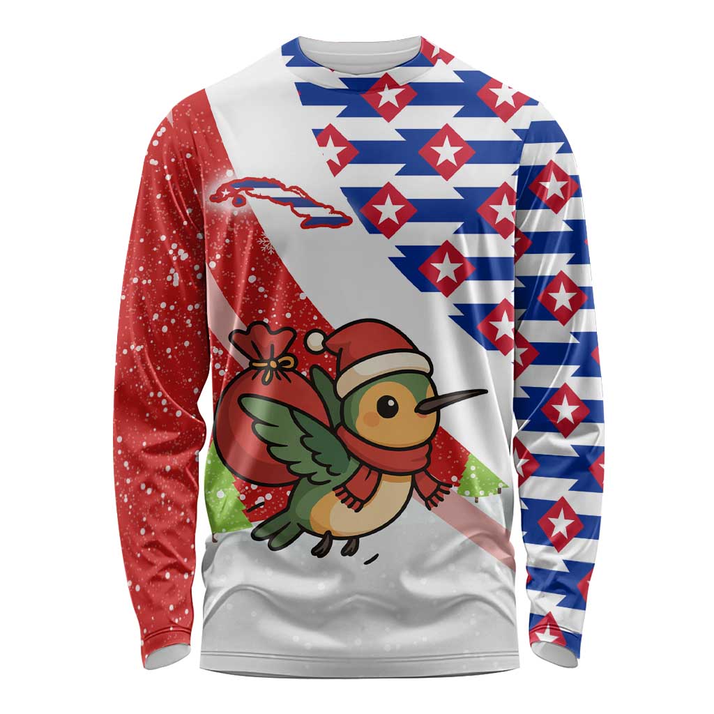 Cuba Christmas Long Sleeve Shirt with Santa Hummingbird Cuban Flag Feliz Navidad and Snowflake - Wonder Print Shop