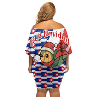 Cuba Christmas Off Shoulder Short Dress with Santa Hummingbird Cuban Flag Feliz Navidad and Snowflake - Wonder Print Shop