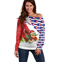 Cuba Christmas Off Shoulder Sweater with Santa Hummingbird Cuban Flag Feliz Navidad and Snowflake - Wonder Print Shop