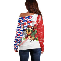 Cuba Christmas Off Shoulder Sweater with Santa Hummingbird Cuban Flag Feliz Navidad and Snowflake - Wonder Print Shop