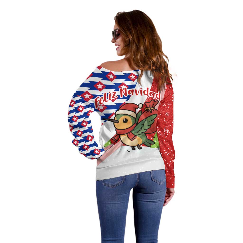 Cuba Christmas Off Shoulder Sweater with Santa Hummingbird Cuban Flag Feliz Navidad and Snowflake - Wonder Print Shop