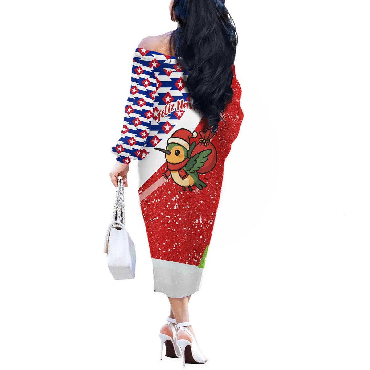 Cuba Christmas Off The Shoulder Long Sleeve Dress with Santa Hummingbird Cuban Flag Feliz Navidad and Snowflake - Wonder Print Shop