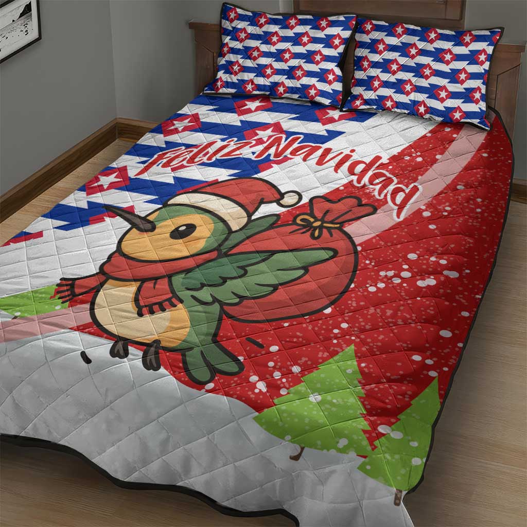 Cuba Christmas Quilt Bed Set with Santa Hummingbird Cuban Flag Feliz Navidad and Snowflake - Wonder Print Shop