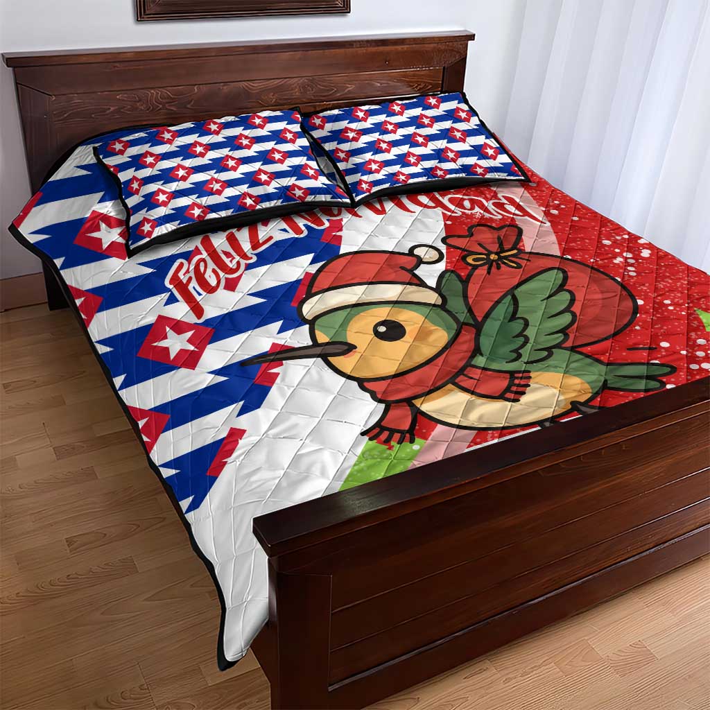 Cuba Christmas Quilt Bed Set with Santa Hummingbird Cuban Flag Feliz Navidad and Snowflake - Wonder Print Shop
