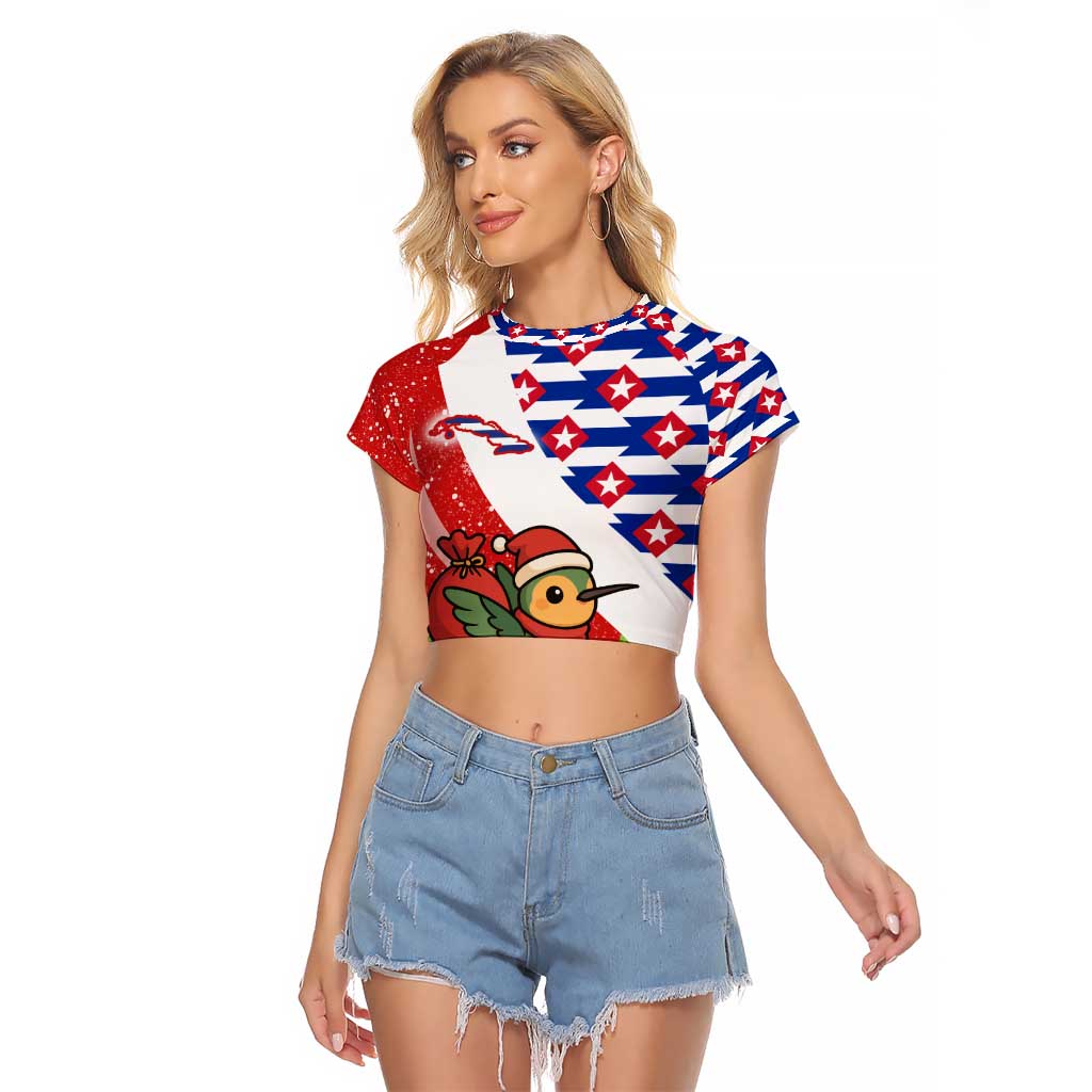 Cuba Christmas Raglan Cropped T Shirt with Santa Hummingbird Cuban Flag Feliz Navidad and Snowflake - Wonder Print Shop