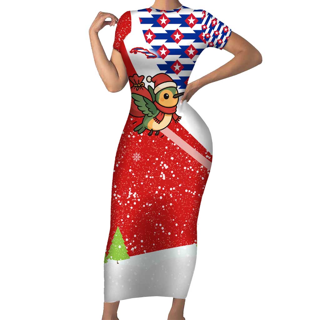 Cuba Christmas Short Sleeve Bodycon Dress with Santa Hummingbird Cuban Flag Feliz Navidad and Snowflake - Wonder Print Shop