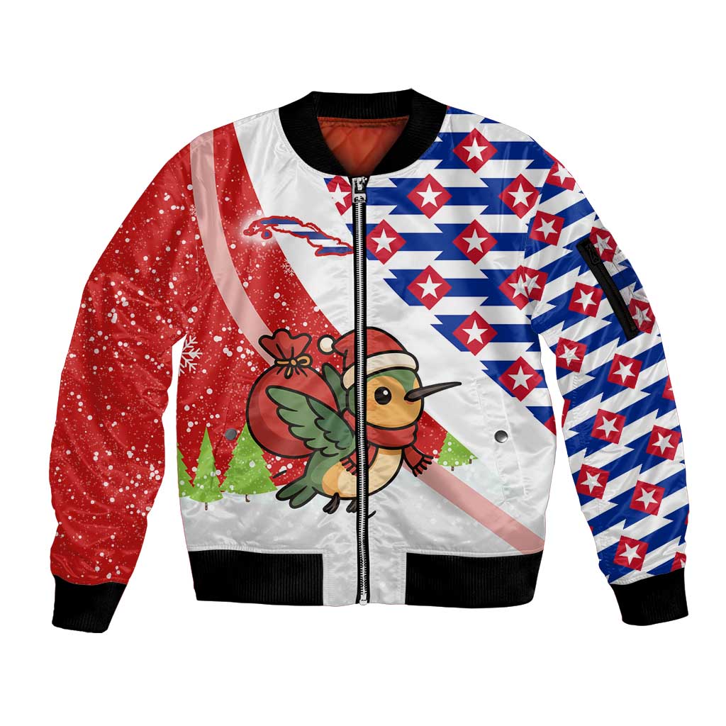 Cuba Christmas Sleeve Zip Bomber Jacket with Santa Hummingbird Cuban Flag Feliz Navidad and Snowflake - Wonder Print Shop