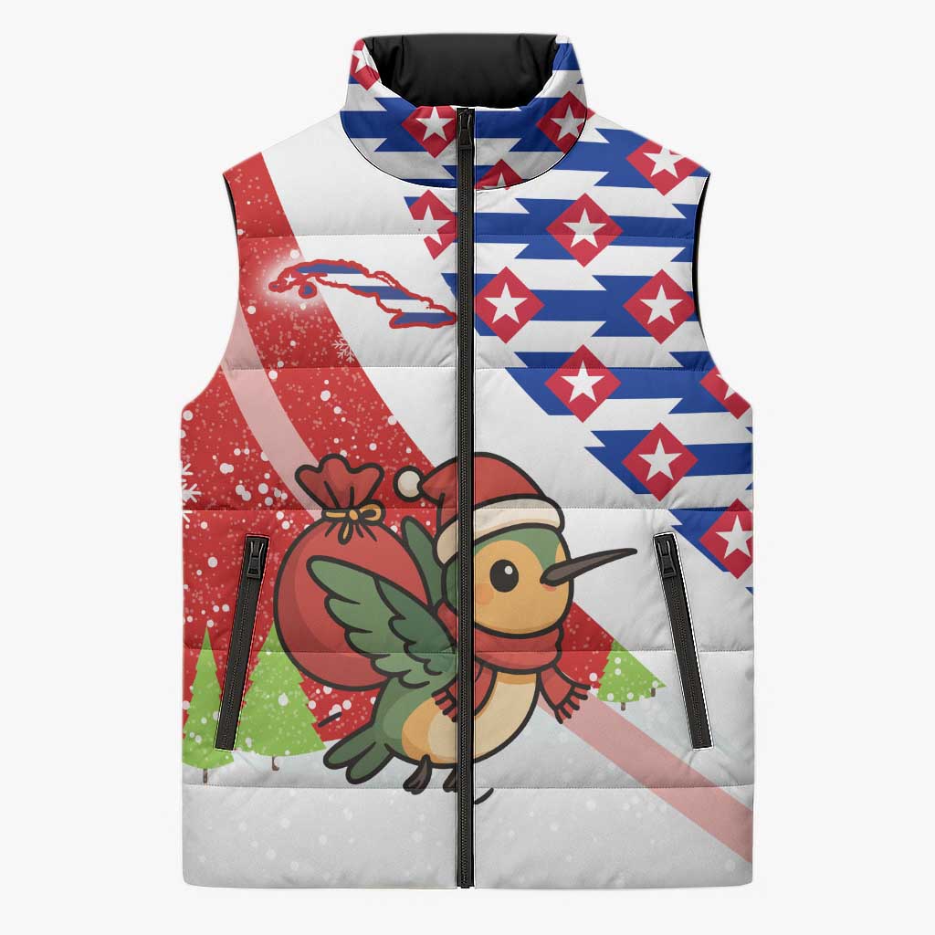 Cuba Christmas Sleeveless Puffer Jacket with Santa Hummingbird Cuban Flag Feliz Navidad and Snowflake - Wonder Print Shop