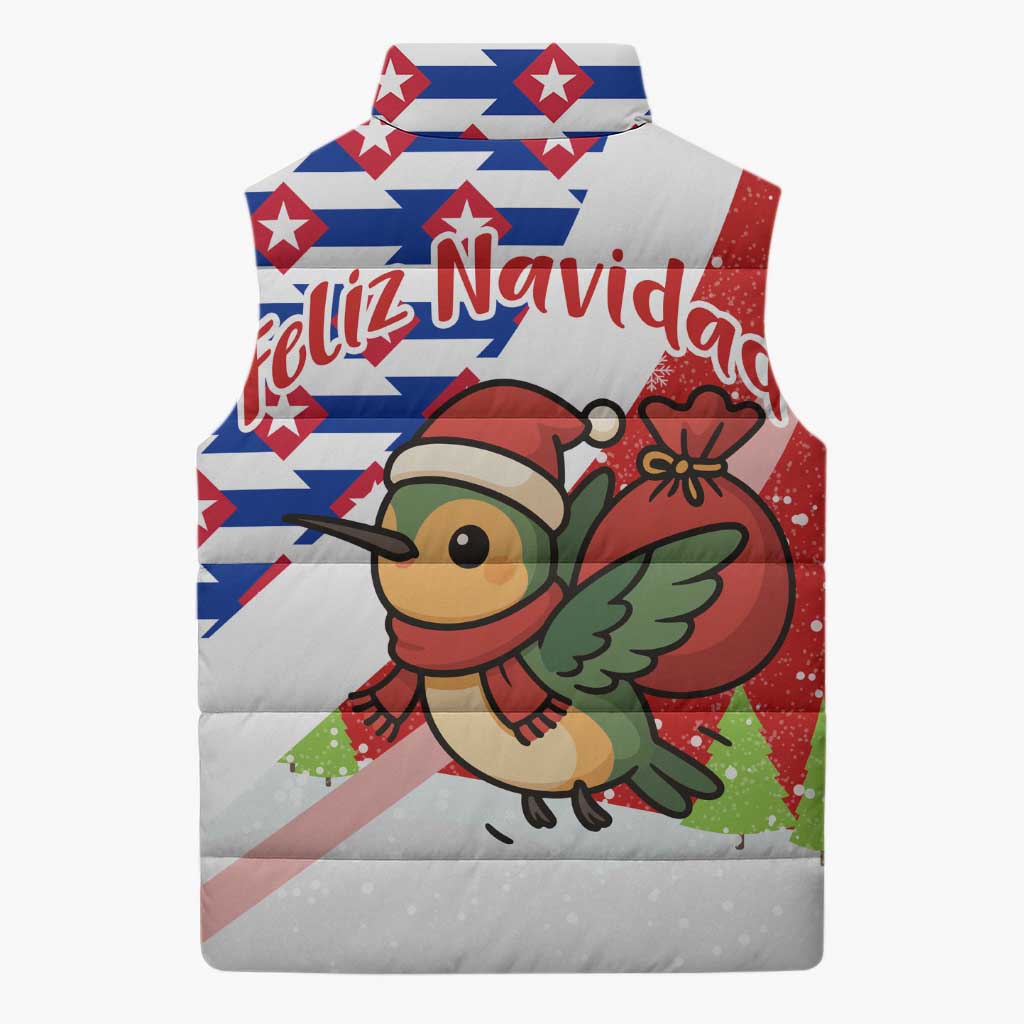 Cuba Christmas Sleeveless Puffer Jacket with Santa Hummingbird Cuban Flag Feliz Navidad and Snowflake - Wonder Print Shop