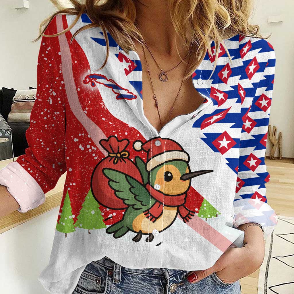 Cuba Christmas Women Casual Shirt with Santa Hummingbird Cuban Flag Feliz Navidad and Snowflake - Wonder Print Shop