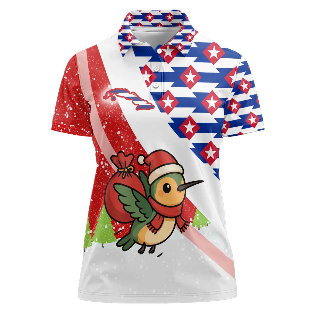 Cuba Christmas Women Polo Shirt with Santa Hummingbird Cuban Flag Feliz Navidad and Snowflake - Wonder Print Shop