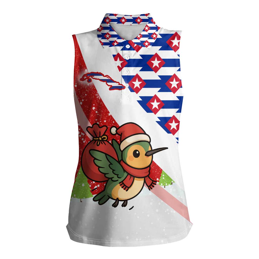 Cuba Christmas Women Sleeveless Polo Shirt with Santa Hummingbird Cuban Flag Feliz Navidad and Snowflake - Wonder Print Shop