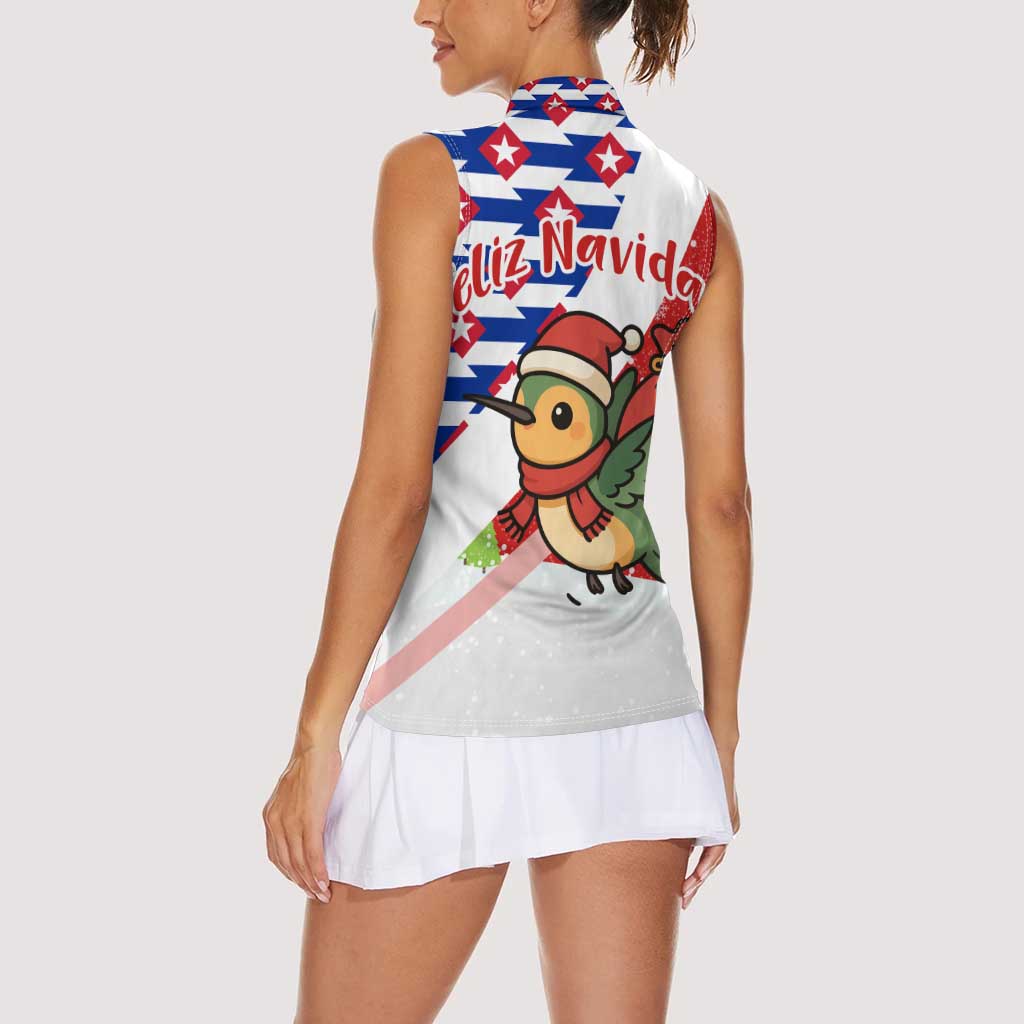 Cuba Christmas Women Sleeveless Polo Shirt with Santa Hummingbird Cuban Flag Feliz Navidad and Snowflake - Wonder Print Shop