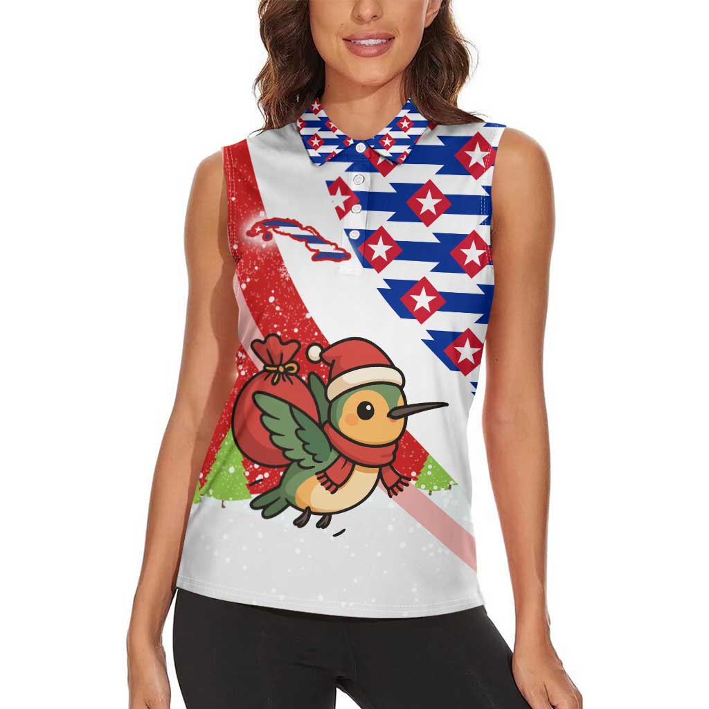 Cuba Christmas Women Sleeveless Polo Shirt with Santa Hummingbird Cuban Flag Feliz Navidad and Snowflake - Wonder Print Shop