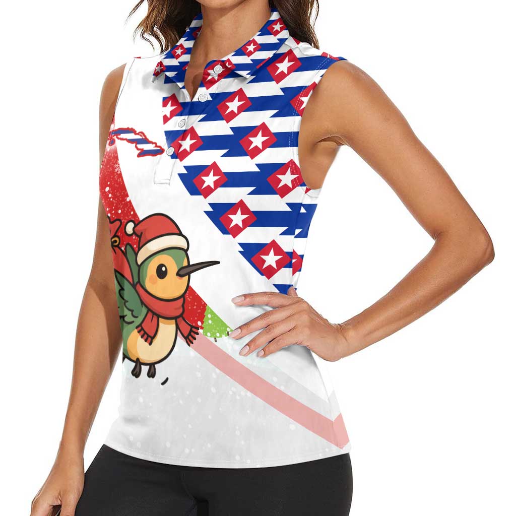 Cuba Christmas Women Sleeveless Polo Shirt with Santa Hummingbird Cuban Flag Feliz Navidad and Snowflake - Wonder Print Shop