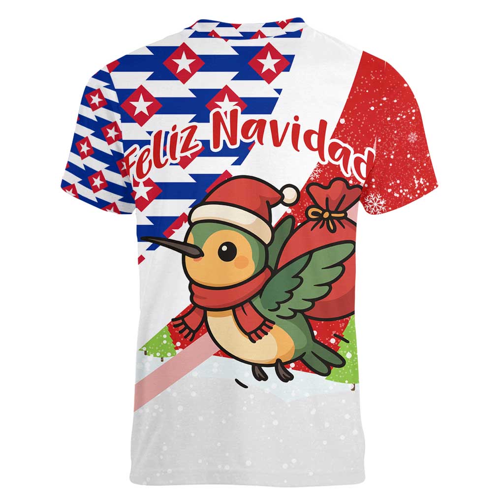 Cuba Christmas Women V-Neck T-Shirt with Santa Hummingbird Cuban Flag Feliz Navidad and Snowflake - Wonder Print Shop