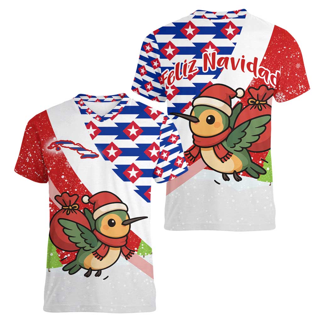 Cuba Christmas Women V-Neck T-Shirt with Santa Hummingbird Cuban Flag Feliz Navidad and Snowflake - Wonder Print Shop