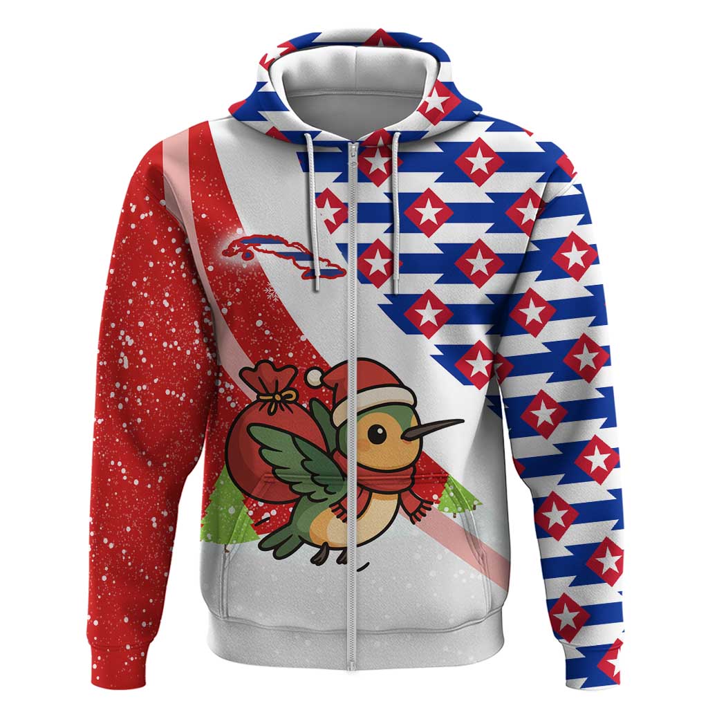 Cuba Christmas Zip Hoodie with Santa Hummingbird Cuban Flag Feliz Navidad and Snowflake - Wonder Print Shop