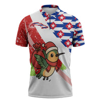 Cuba Christmas Zipper Polo Shirt with Santa Hummingbird Cuban Flag Feliz Navidad and Snowflake - Wonder Print Shop