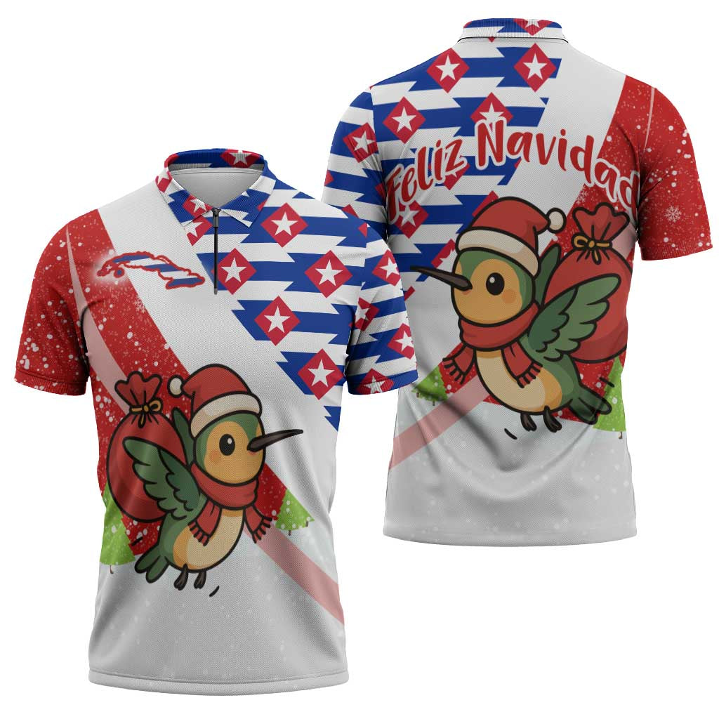 Cuba Christmas Zipper Polo Shirt with Santa Hummingbird Cuban Flag Feliz Navidad and Snowflake - Wonder Print Shop