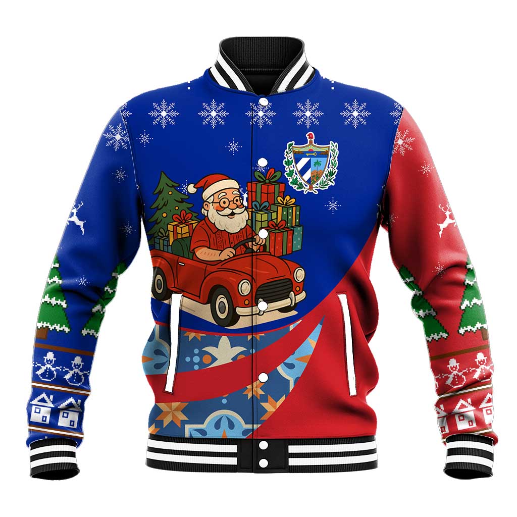 Cuba Christmas Baseball Jacket with Santa Driving Classic Car Cuban Seal Feliz Navidad and Holiday Gift - Wonder Print Shop