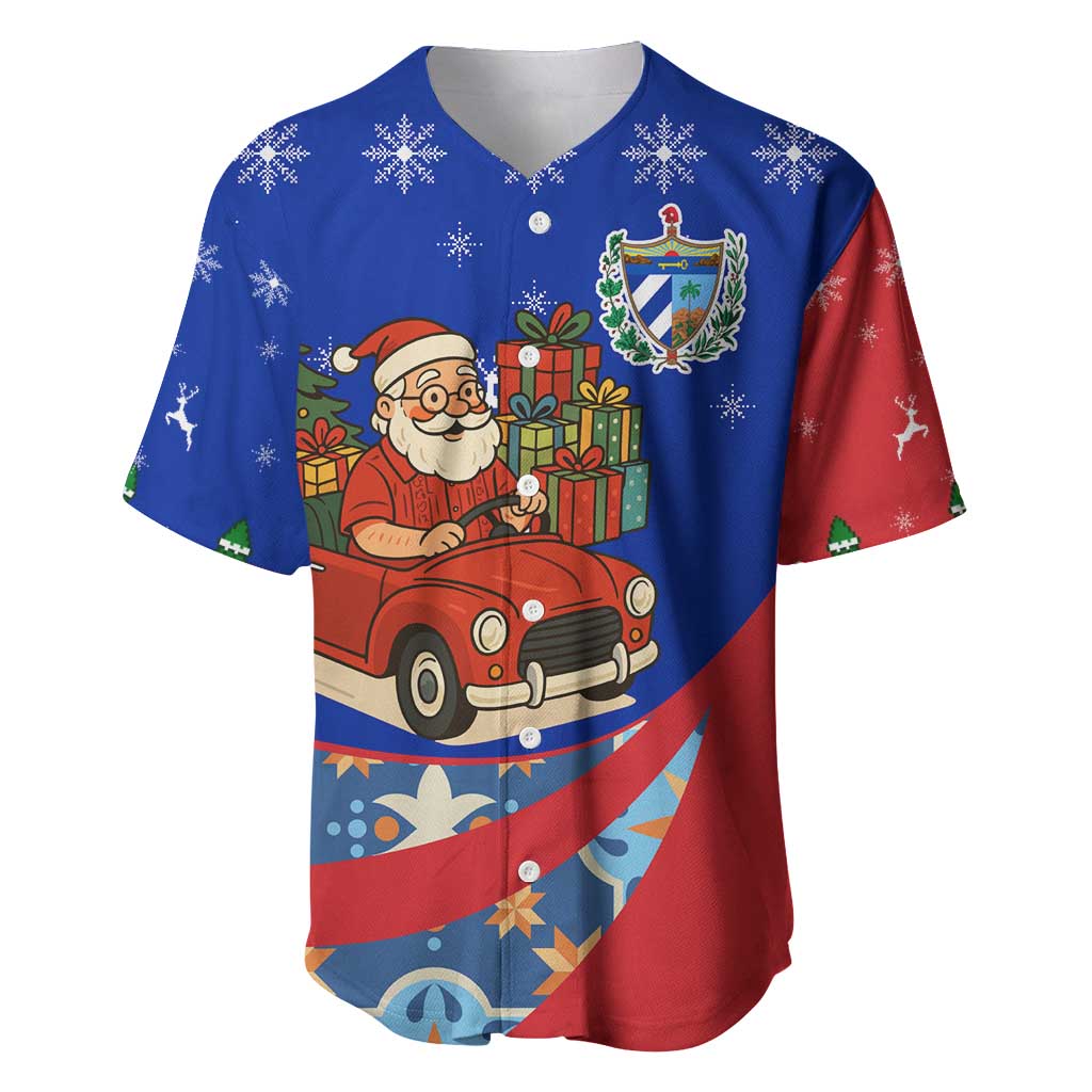 Cuba Christmas Baseball Jersey with Santa Driving Classic Car Cuban Seal Feliz Navidad and Holiday Gift - Wonder Print Shop