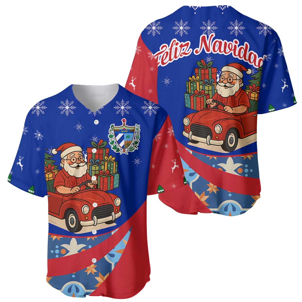 Cuba Christmas Baseball Jersey with Santa Driving Classic Car Cuban Seal Feliz Navidad and Holiday Gift - Wonder Print Shop